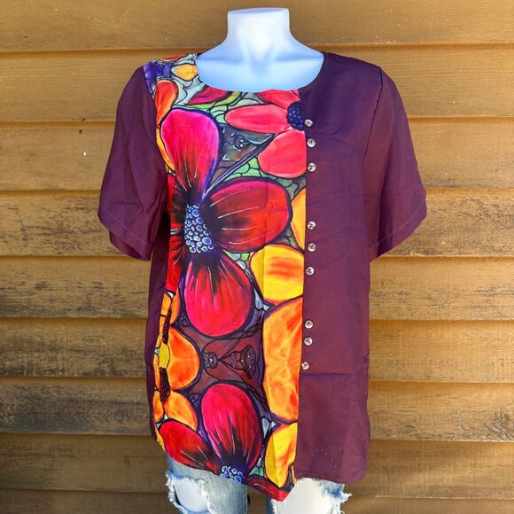 Miss Look Plumb Floral Top 957341 Button Detail Short Sleeve Blouse Shirt Size X - Picture 1 of 8